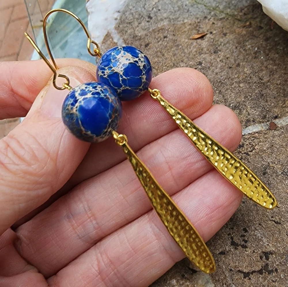 Natural Ocean Jasper 14K Gold plated Dangling Hypoallergenic Earrings